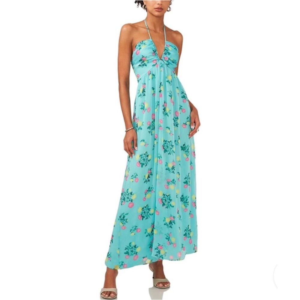 1. State Floral Halter Sleeveless Smocked Maxi Dress in Ocean Teal Green